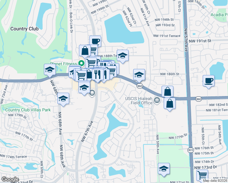 map of restaurants, bars, coffee shops, grocery stores, and more near 18136 Northwest 61st Place in Hialeah
