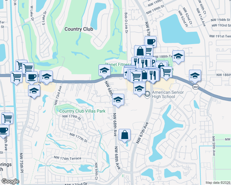 map of restaurants, bars, coffee shops, grocery stores, and more near 1844 Northwest 68th Avenue in Hialeah