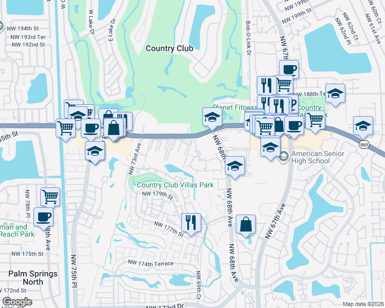 map of restaurants, bars, coffee shops, grocery stores, and more near 18330 Northwest 68th Avenue in Hialeah