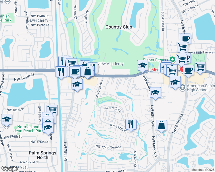 map of restaurants, bars, coffee shops, grocery stores, and more near Coral Gate in Hialeah