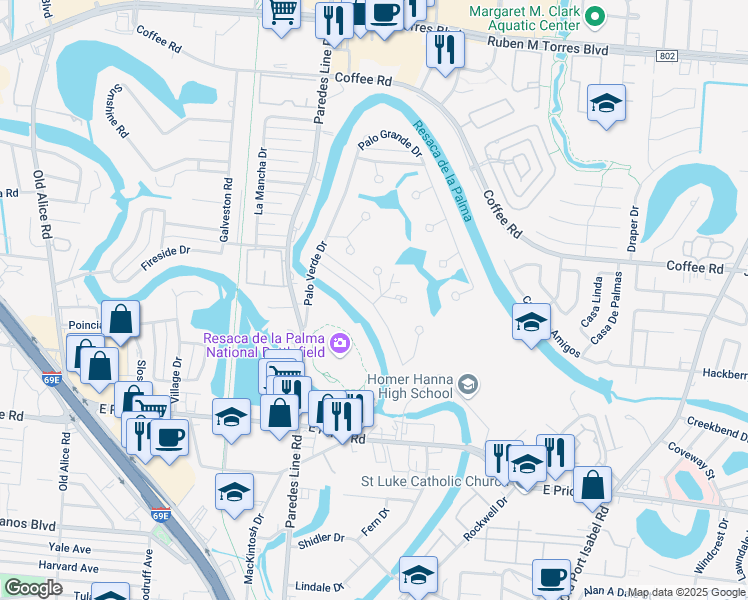map of restaurants, bars, coffee shops, grocery stores, and more near 114 Palo Alto Drive in Brownsville