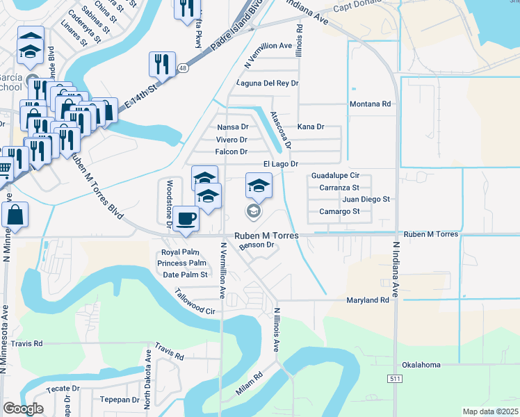 map of restaurants, bars, coffee shops, grocery stores, and more near 6955 Ruben M Torres Boulevard in Brownsville