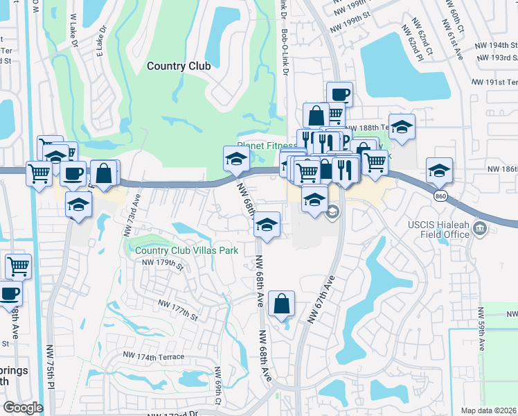 map of restaurants, bars, coffee shops, grocery stores, and more near 18255 Northwest 68th Avenue in Hialeah