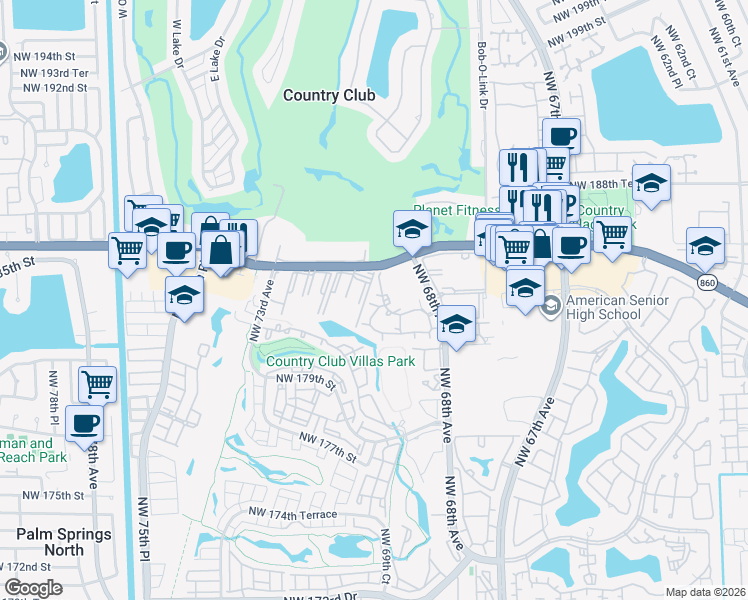 map of restaurants, bars, coffee shops, grocery stores, and more near 18338 Northwest 68th Avenue in Hialeah