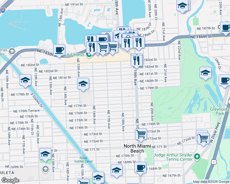 map of restaurants, bars, coffee shops, grocery stores, and more near 1740 Northeast 180th Street in North Miami Beach