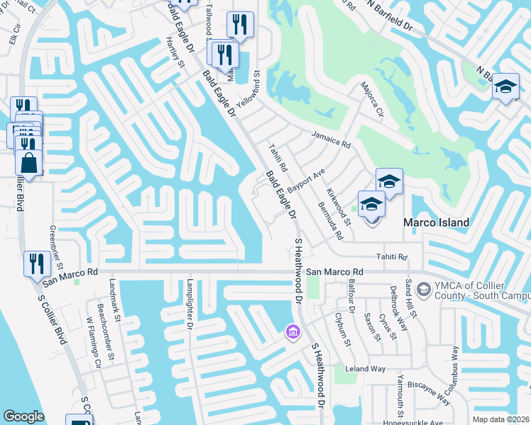 map of restaurants, bars, coffee shops, grocery stores, and more near 159 South Seas Court in Marco Island