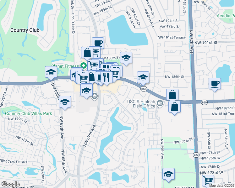 map of restaurants, bars, coffee shops, grocery stores, and more near 6284 Northwest 186th Street in Hialeah