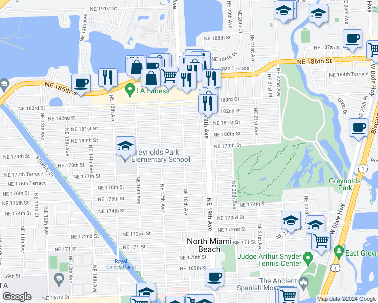 map of restaurants, bars, coffee shops, grocery stores, and more near 1820 Northeast 179th Street in North Miami Beach