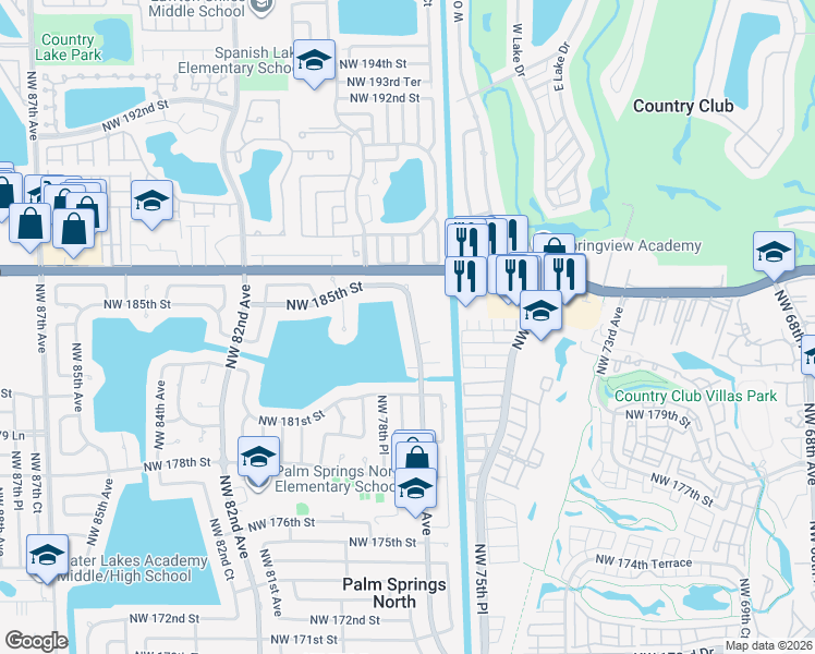 map of restaurants, bars, coffee shops, grocery stores, and more near 18420 Northwest 78th Avenue in Hialeah