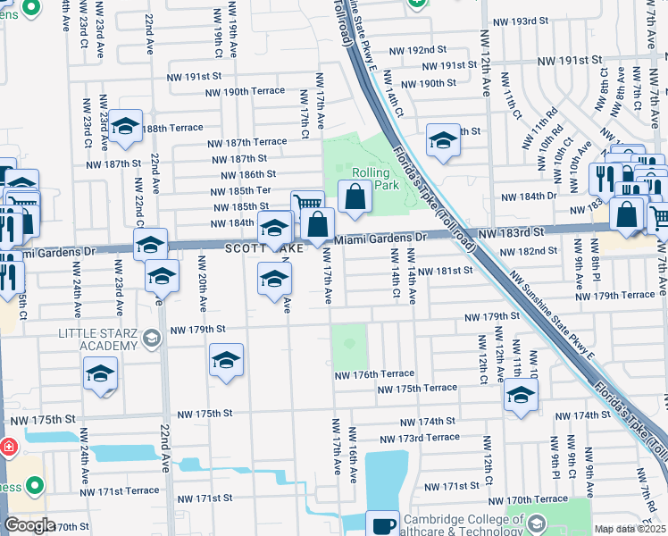 map of restaurants, bars, coffee shops, grocery stores, and more near 18215 Northwest 17th Avenue in Miami Gardens