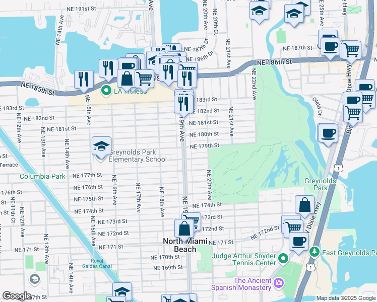 map of restaurants, bars, coffee shops, grocery stores, and more near 17871 Northeast 19th Avenue in Miami