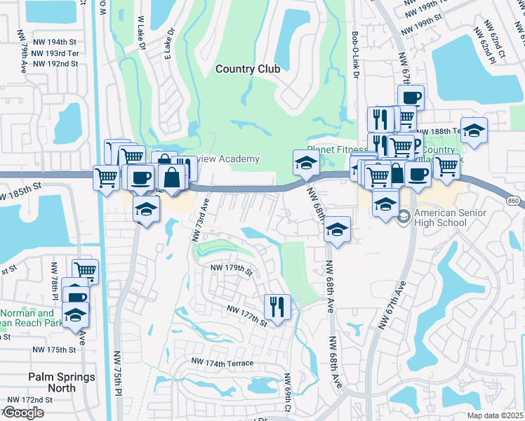 map of restaurants, bars, coffee shops, grocery stores, and more near in Country Club
