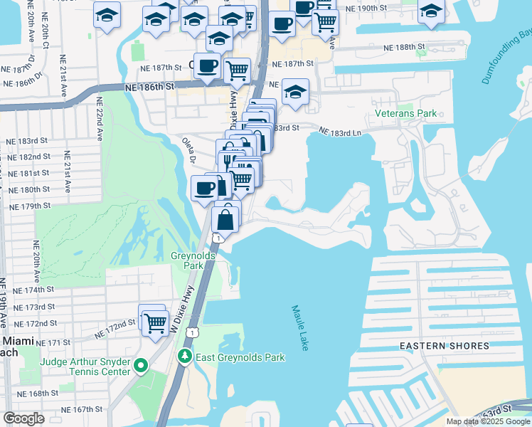 map of restaurants, bars, coffee shops, grocery stores, and more near 2859 Leonard Drive in Aventura