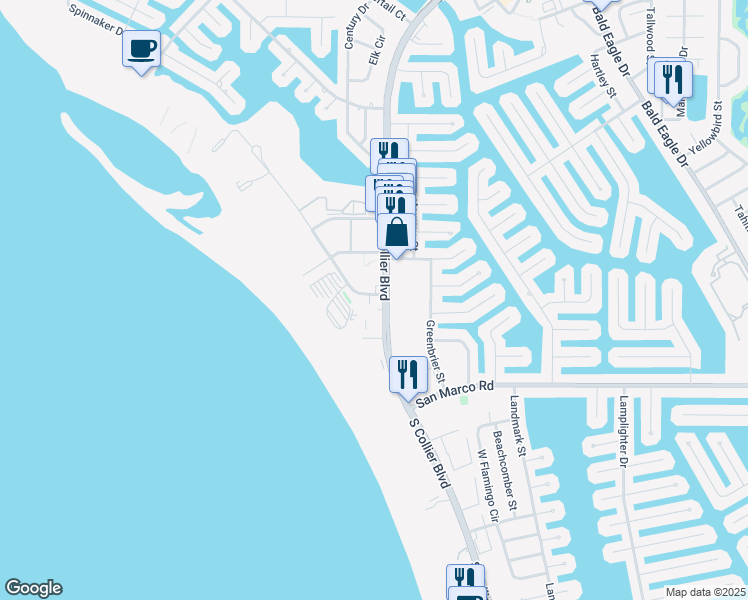 map of restaurants, bars, coffee shops, grocery stores, and more near a10 Seaview Court in Marco Island