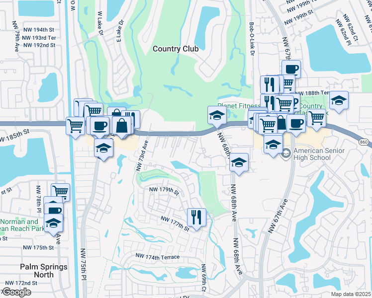 map of restaurants, bars, coffee shops, grocery stores, and more near 6940 Northwest 186th Street in Hialeah