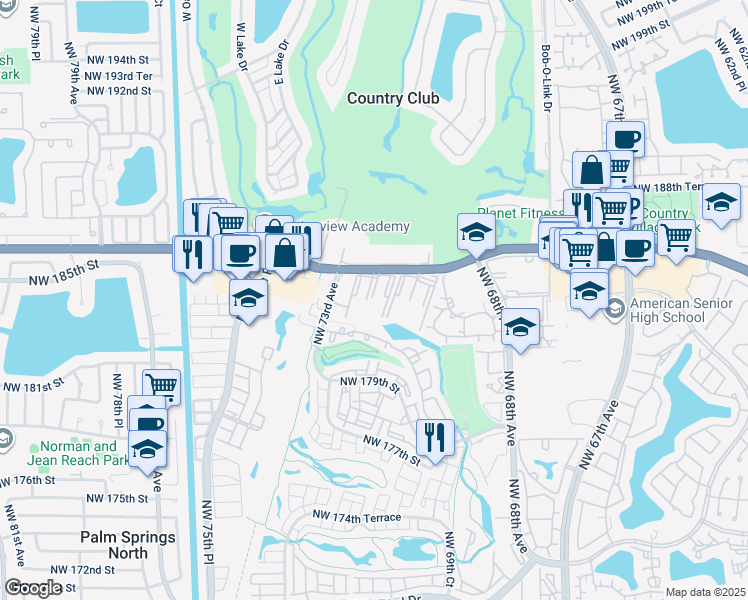 map of restaurants, bars, coffee shops, grocery stores, and more near 6970 Northwest 186th Street in Hialeah