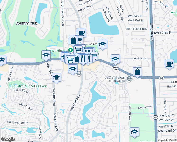map of restaurants, bars, coffee shops, grocery stores, and more near 6536 Northwest 186th Street in Hialeah