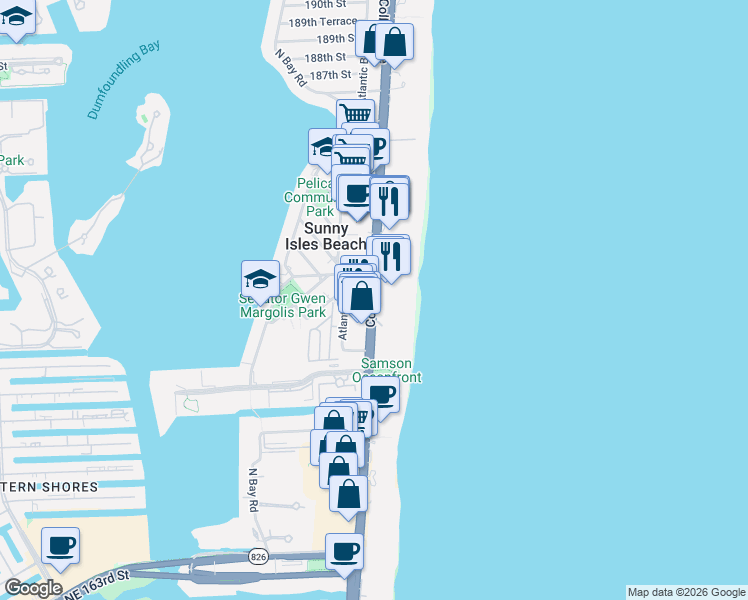 map of restaurants, bars, coffee shops, grocery stores, and more near 17885 Collins Avenue in Sunny Isles Beach