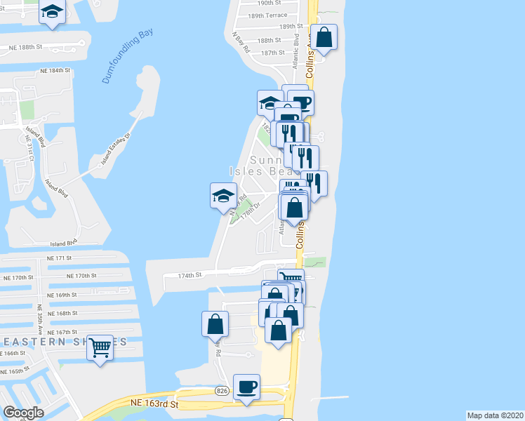 map of restaurants, bars, coffee shops, grocery stores, and more near 200 178th Drive in Sunny Isles Beach