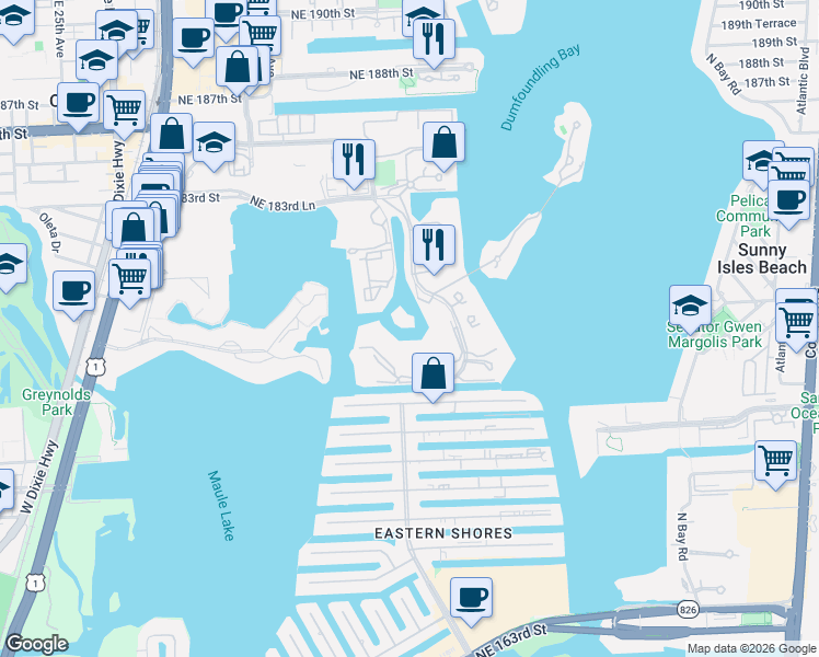 map of restaurants, bars, coffee shops, grocery stores, and more near 4500 East Island Boulevard in Aventura