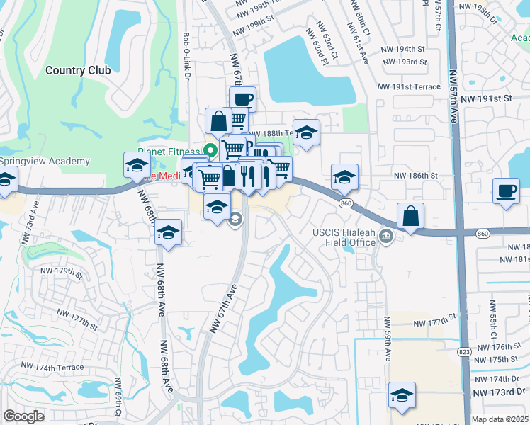 map of restaurants, bars, coffee shops, grocery stores, and more near 6536 Northwest 186th Street in Hialeah