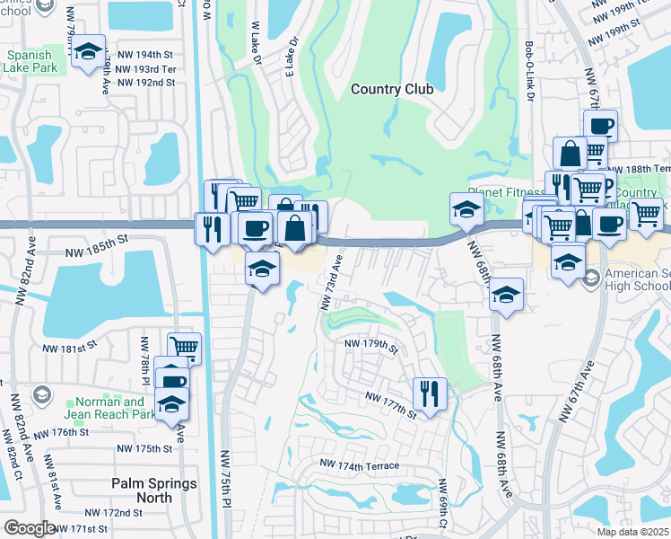 map of restaurants, bars, coffee shops, grocery stores, and more near 7010 Northwest 73rd Avenue in Hialeah