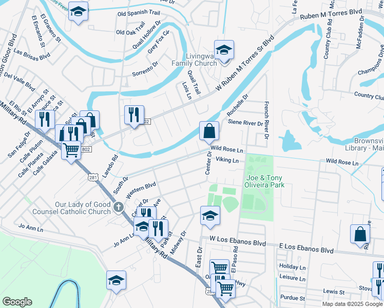 map of restaurants, bars, coffee shops, grocery stores, and more near 1401-1499 Mesquite St in Brownsville