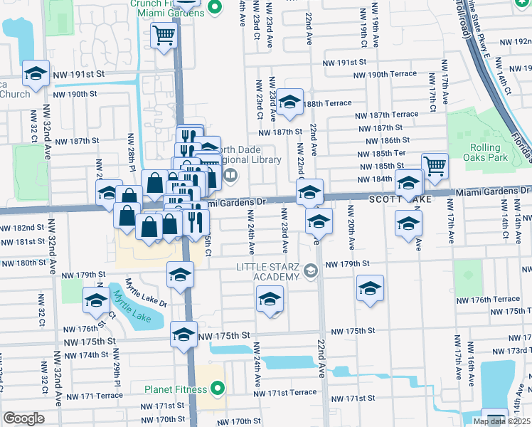 map of restaurants, bars, coffee shops, grocery stores, and more near in Miami Gardens