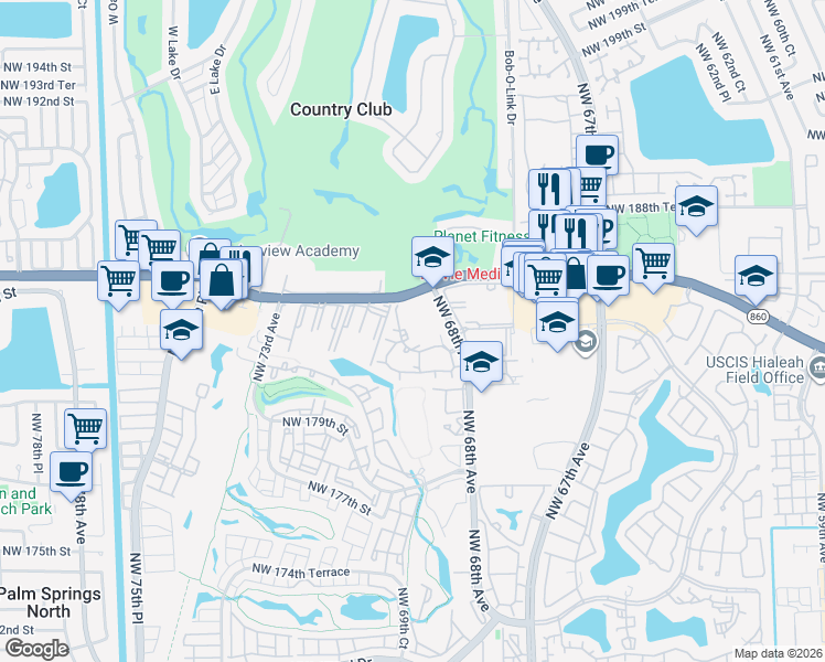 map of restaurants, bars, coffee shops, grocery stores, and more near 18338 Northwest 68th Avenue in Hialeah