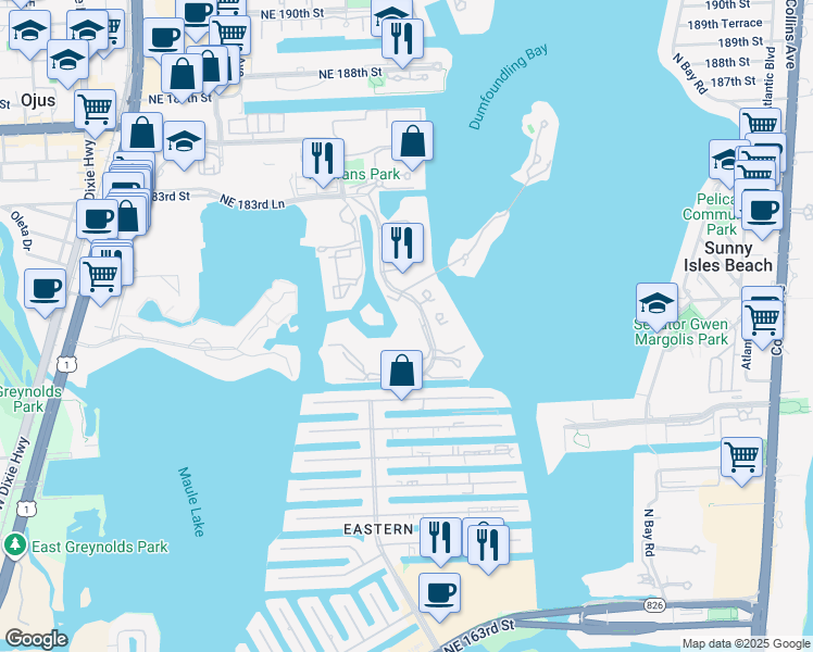 map of restaurants, bars, coffee shops, grocery stores, and more near 4100 Island Boulevard in Aventura