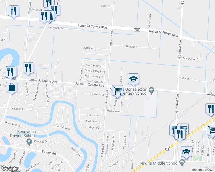 map of restaurants, bars, coffee shops, grocery stores, and more near 1899 Robindale Rd in Brownsville