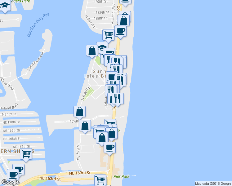 map of restaurants, bars, coffee shops, grocery stores, and more near 17773 Collins Avenue in Sunny Isles Beach