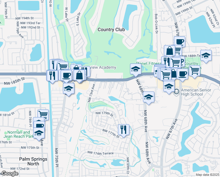 map of restaurants, bars, coffee shops, grocery stores, and more near Coral Gate in Hialeah