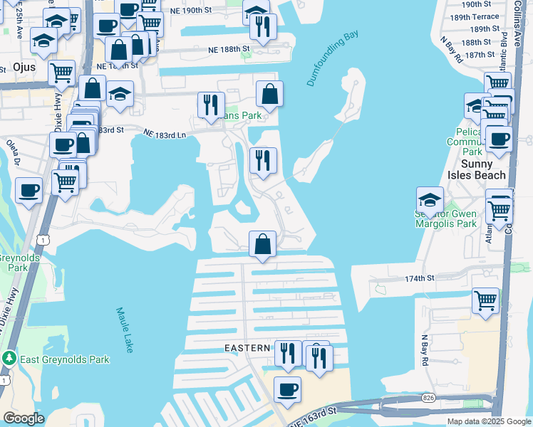 map of restaurants, bars, coffee shops, grocery stores, and more near 4100 Island Boulevard in Aventura