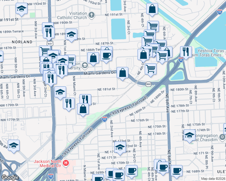 map of restaurants, bars, coffee shops, grocery stores, and more near 18101 Northeast 2nd Court in Miami