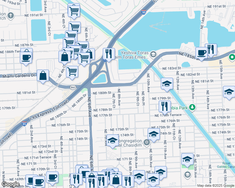 map of restaurants, bars, coffee shops, grocery stores, and more near 750 Northeast 181st Street in Miami