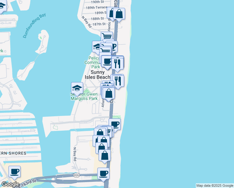 map of restaurants, bars, coffee shops, grocery stores, and more near in Sunny Isles Beach