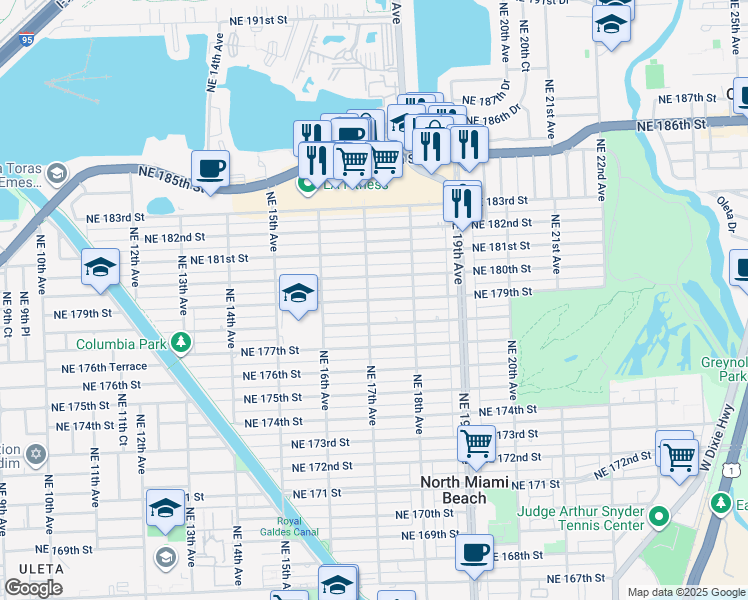 map of restaurants, bars, coffee shops, grocery stores, and more near 1740 Northeast 180th Street in North Miami Beach