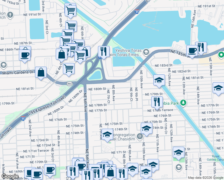 map of restaurants, bars, coffee shops, grocery stores, and more near 750 Northeast 181st Street in Miami