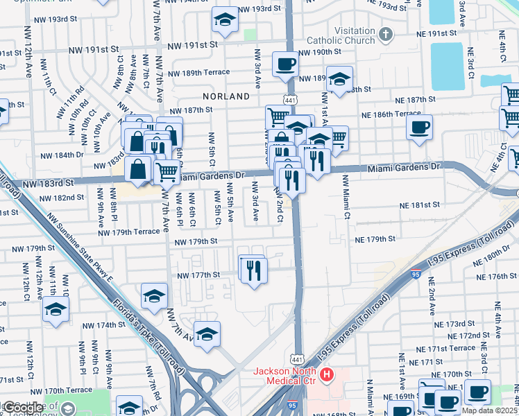 map of restaurants, bars, coffee shops, grocery stores, and more near 18141 Northwest 4th Avenue in Miami