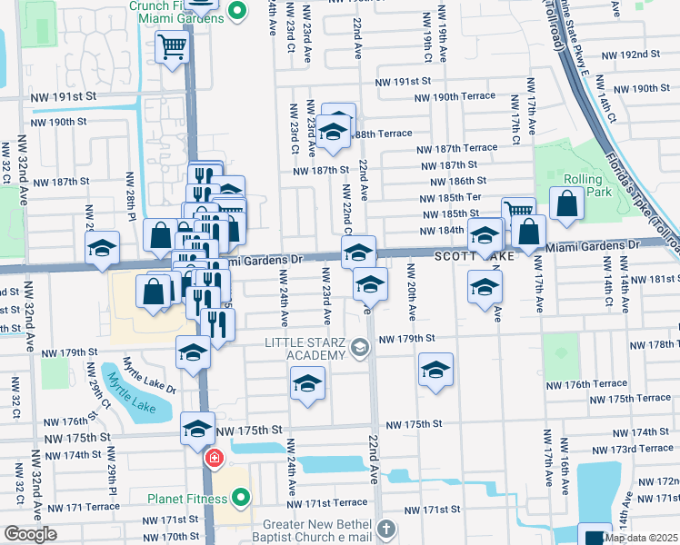 map of restaurants, bars, coffee shops, grocery stores, and more near in Miami Gardens