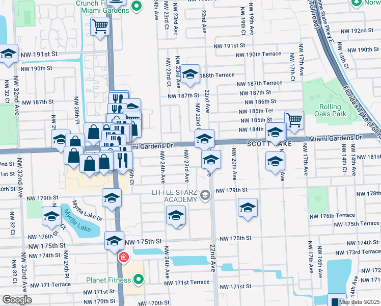 map of restaurants, bars, coffee shops, grocery stores, and more near in Miami Gardens