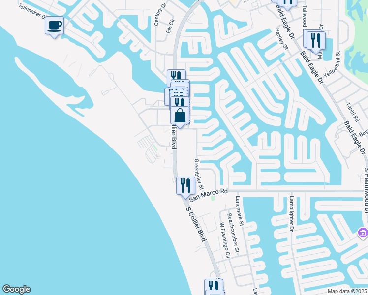 map of restaurants, bars, coffee shops, grocery stores, and more near 167 North Collier Boulevard in Marco Island