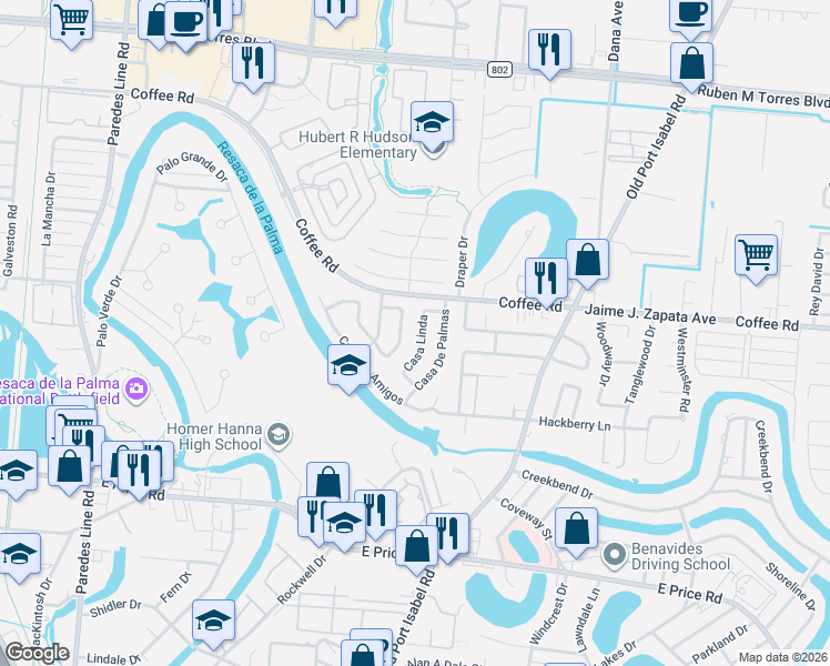 map of restaurants, bars, coffee shops, grocery stores, and more near 15 Casa Grande Street in Brownsville