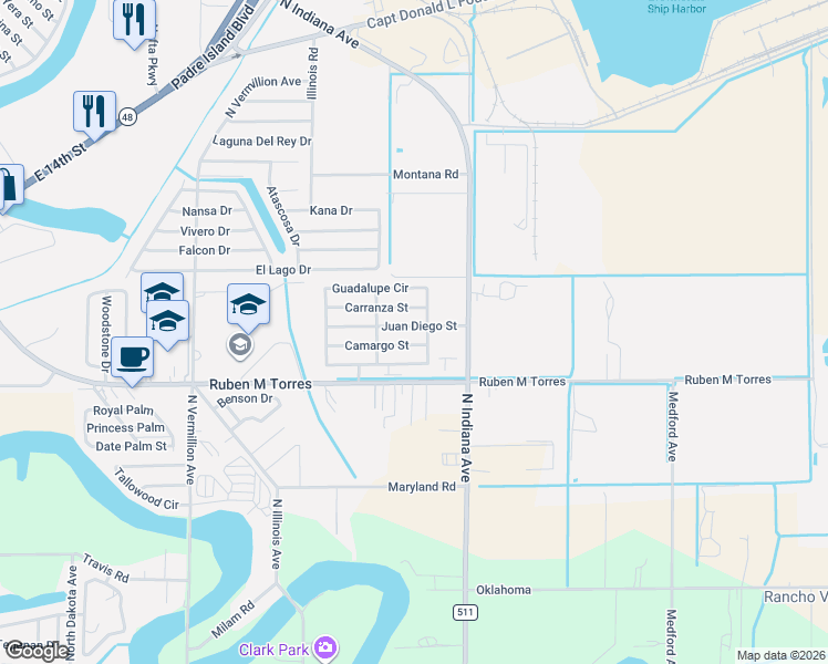 map of restaurants, bars, coffee shops, grocery stores, and more near 1368-1380 Guadalupe Circle in Brownsville