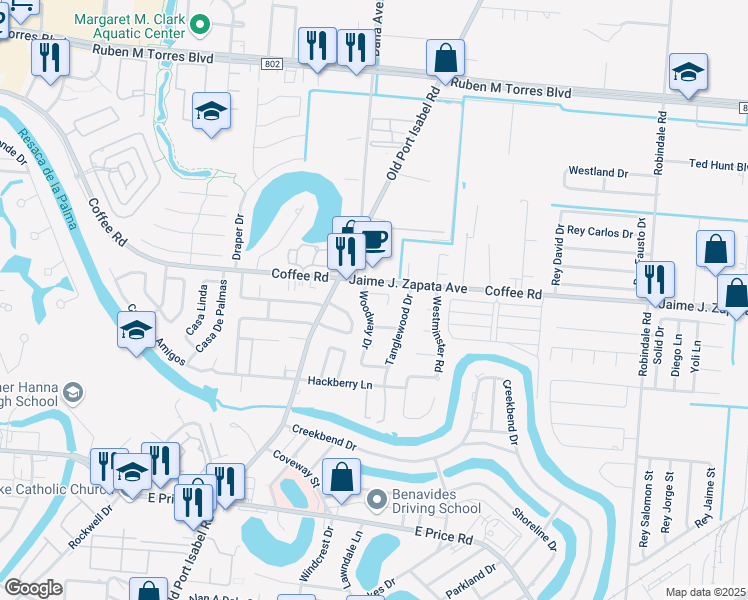 map of restaurants, bars, coffee shops, grocery stores, and more near 1995 Woodway Drive in Brownsville