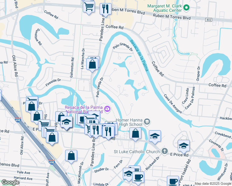 map of restaurants, bars, coffee shops, grocery stores, and more near 3 West Maple Drive in Brownsville