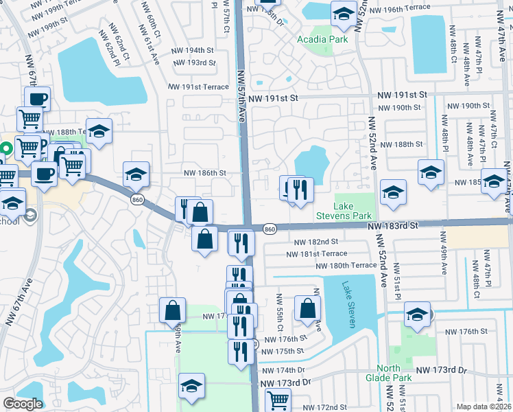 map of restaurants, bars, coffee shops, grocery stores, and more near 18410 Northwest 56th Place in Miami Gardens