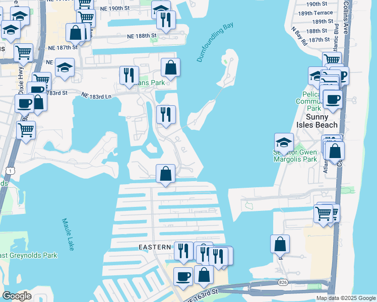 map of restaurants, bars, coffee shops, grocery stores, and more near 3000 Island Boulevard in Aventura