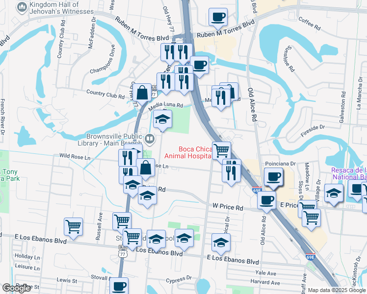 map of restaurants, bars, coffee shops, grocery stores, and more near 1025 Wildrose Lane in Brownsville